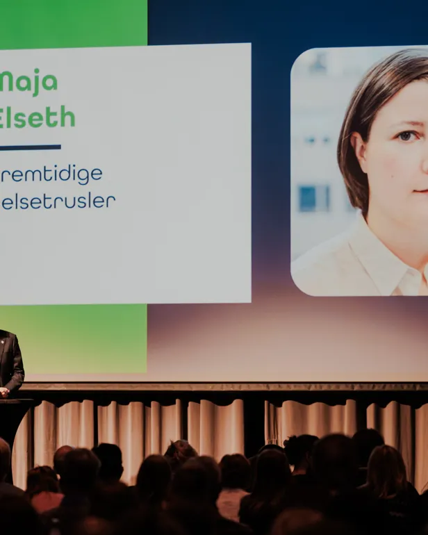 En person på en scene med en projektorskjerm bak seg